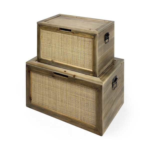 Homeroots Set of Two Brown And Natural Cane And Solid Wood Box With Lid, 2PK 392593 - main