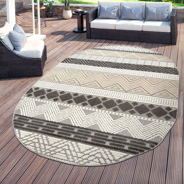 World Rug Gallery Contemporary Boho Indoor/Outdoor Area Rug 5 ft x 7 ft Oval Gray 5559GRAY5OV - main
