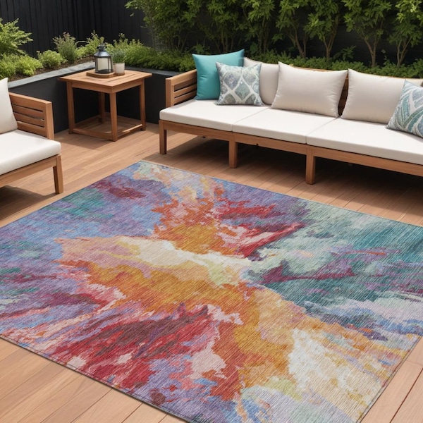 Homeroots 8' X 10' Orange Red And Teal Blue Abstract Washable Indoor Outdoor Area Rug 615617 - main