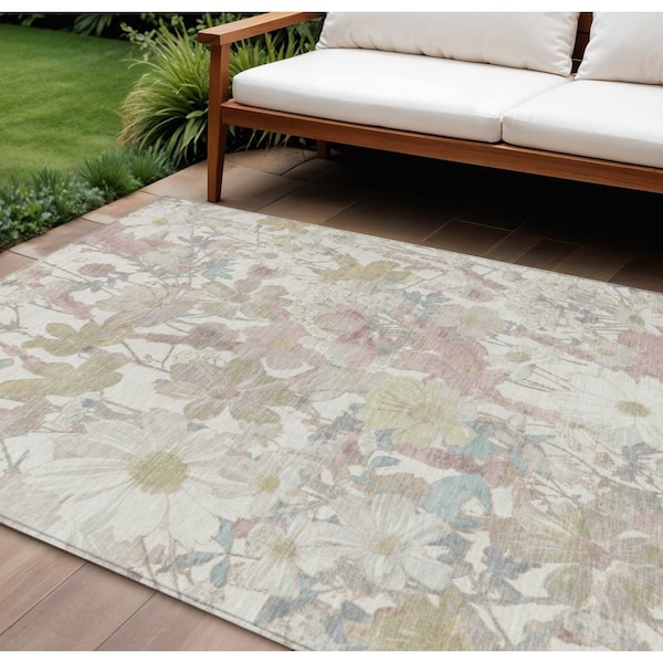 Homeroots 10' X 14' Ivory Beige And Linen Floral Washable Indoor Outdoor Area Rug 611197 - main