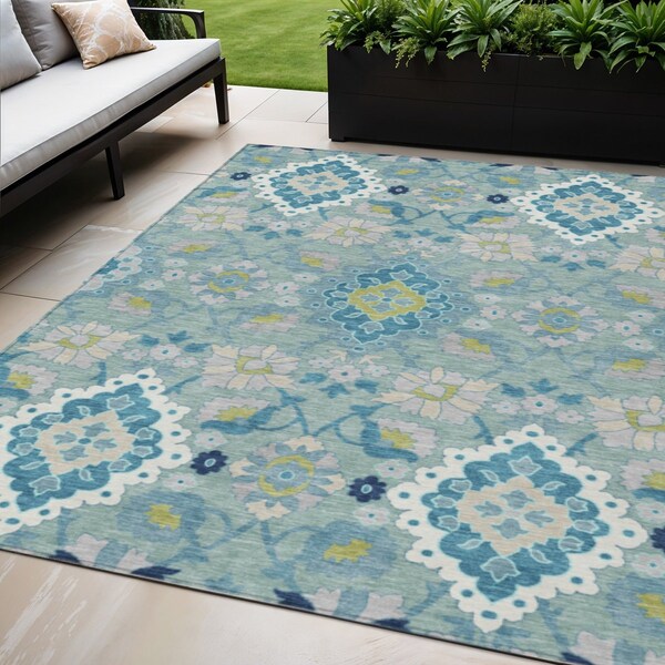 Homeroots 5' X 8' Teal Blue Green And Ivory Oriental Washable Indoor Outdoor Area Rug 597711 - main