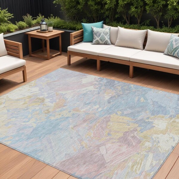 Homeroots 9' X 12' Sky Blue Beige And Gold Abstract Washable Indoor Outdoor Area Rug 618554 - main