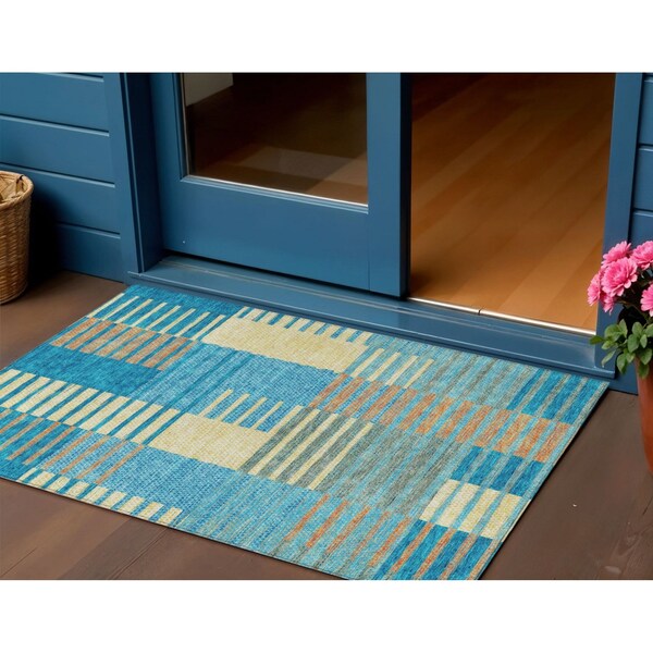 Homeroots 3' X 5' Teal Blue Orange And Sky Blue Striped Washable Indoor Outdoor Area Rug 613175 - main