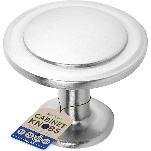 Lifemaster 1-1/4in Cabinet Knobs, Brushed Nickel, Modern Zinc Alloy, Adjustable Screws, 30PK LMKNBNICK30 - main