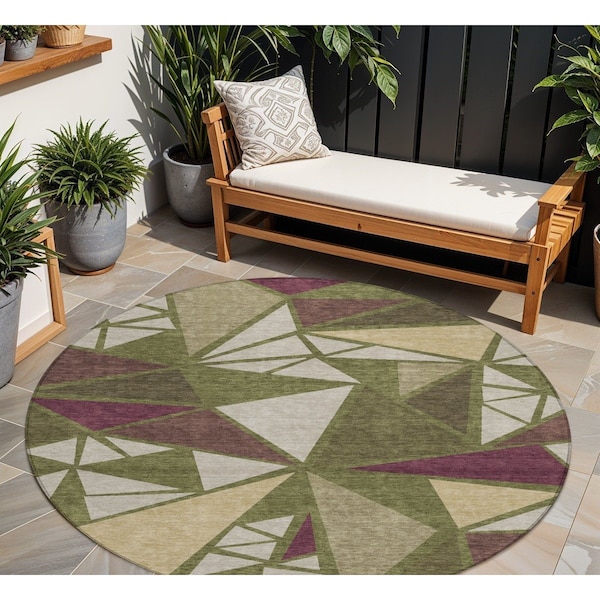Homeroots 8' Olive Green Ivory And Burgundy Round Geometric Washable Indoor Outdoor Area Rug 600386 - main