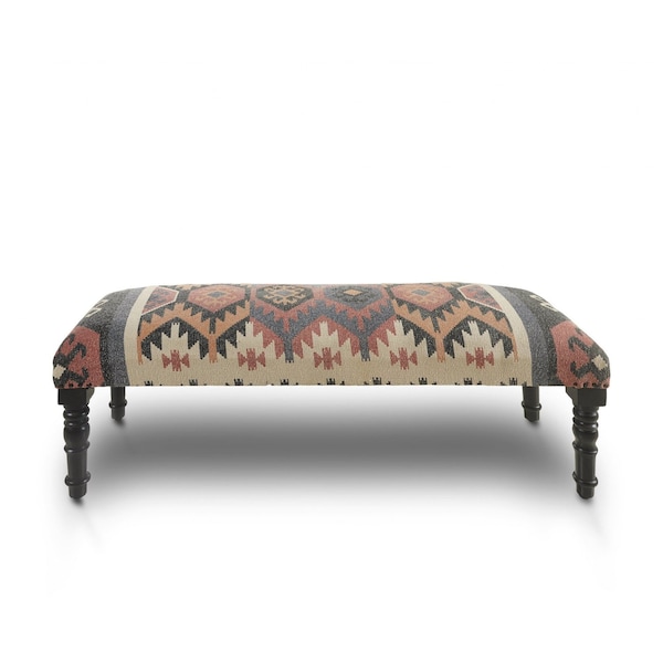 Homeroots 47in Beige Brown and Rust and Black Jute and Wool Blend Upholstered Southwest Distressed Bench 483750 - main