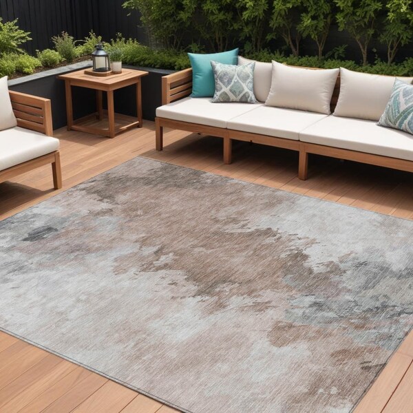 Homeroots 8' X 10' Brown Ivory And Gray Abstract Washable Indoor Outdoor Area Rug 617410 - main
