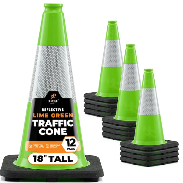 Xpose Safety Traffic Safety Cone, 18 in, Premium PVC, 6 in Reflective Collar, Lime Green, 12 pk LTC18-6-12-X-S - main