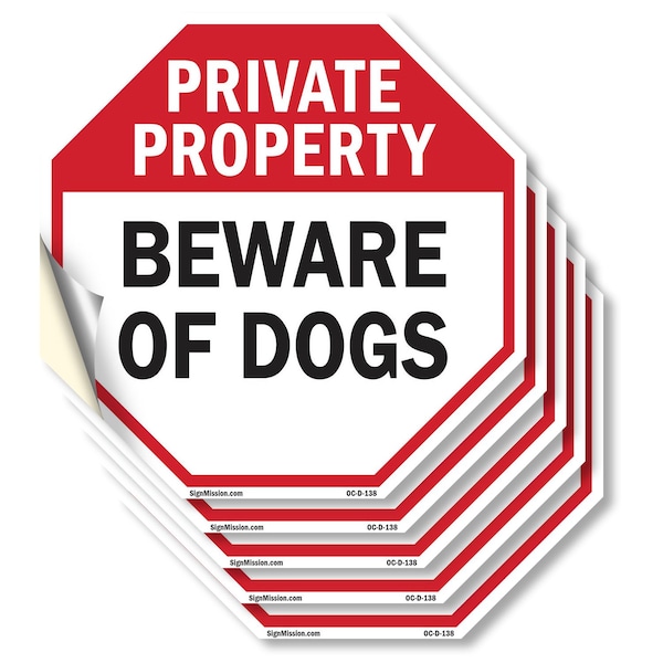 Signmission Private Property Beware of Dogs, 6 inch X 6 inch, Vinyl Decal, 5PK OC-D-5PACK-6-138 - main