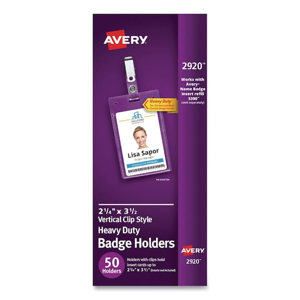 Avery Heavy-Duty Badge Holders, Vertical, 2.25 x 3.5 Holder, Clear, 50PK 2920 - main