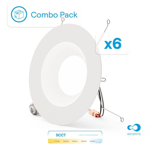 Infibrite 6 In. 5CCT 12W 1100LM Recessed Retrofit LED Light, Dimmable, Wet Rated Selectable, 6PK IB-006-8-12W-WH-6PK - main