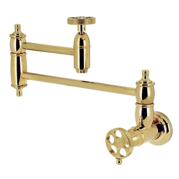 Kingston Brass Wall Mount Pot Filler Faucet with Knurled Handle, Polished Brass KS3102RKX - main