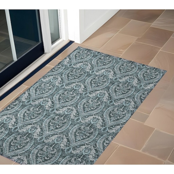 Homeroots 3' X 5' Teal Damask Washable Non Skid Indoor Outdoor Area Rug 563901 - main