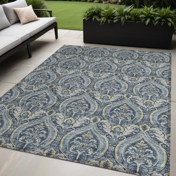 Homeroots 5' X 8' Blue and Cream Damask Washable Non Skid Indoor Outdoor Area Rug 563866 - main