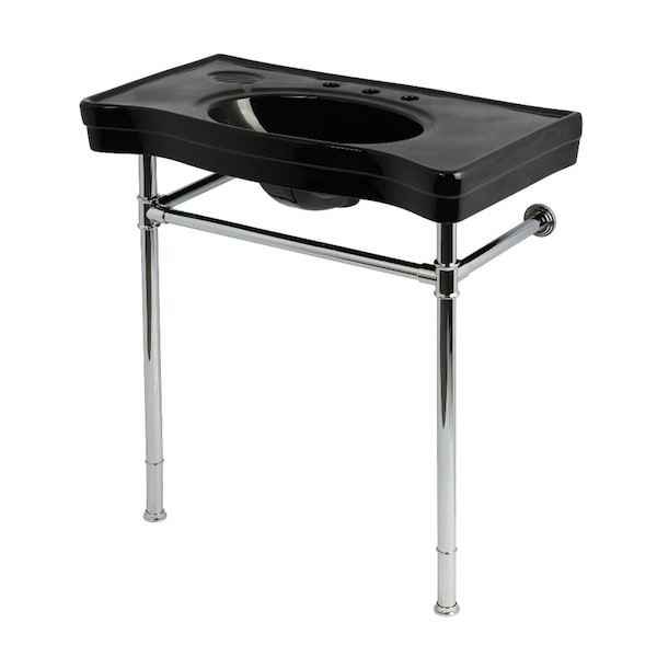 Kingston Brass 36" Ceramic Console Sink with Stainless Steel Legs, 8-Inch, 3-Hole, Black/Polished Chrome KVPB36198K81 - main