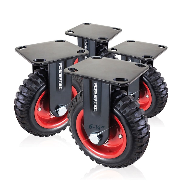 Powertec 6'' Caster Wheels, Heavy Duty Fixed Plate Casters with Rubber Knobby Tread, 4PK 17052-P4N - main