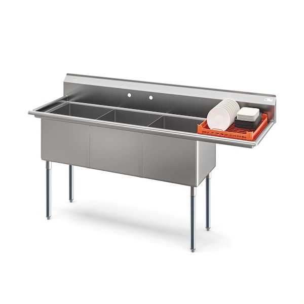 Koolmore 75 in. Three Compartment Commercial Sink Bowl Size 18x18x14 Stainless-Steel with Right Drainboard KM-SC181814-18R3 - main
