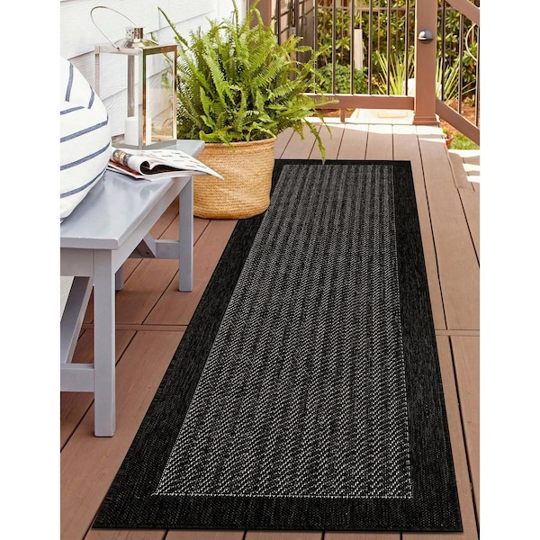World Rug Gallery Contemporary Bordered Weather Resistant Reversible Indoor/Outdoor Rug 2 ft x 7 ft Black WR111BLACK2X7 - main