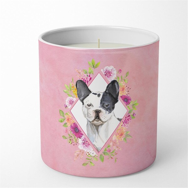 Jensendistributionservices 10 oz Black & White Frenchie Pink Flowers Decorative Soy Candle MI2553605 - main