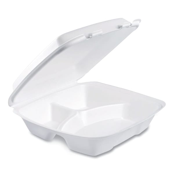 Dart Foam Hinged Lid Container, 3-Comp, 9 x 9 2/5 x 3, White, PK200 90HTPF3R - main