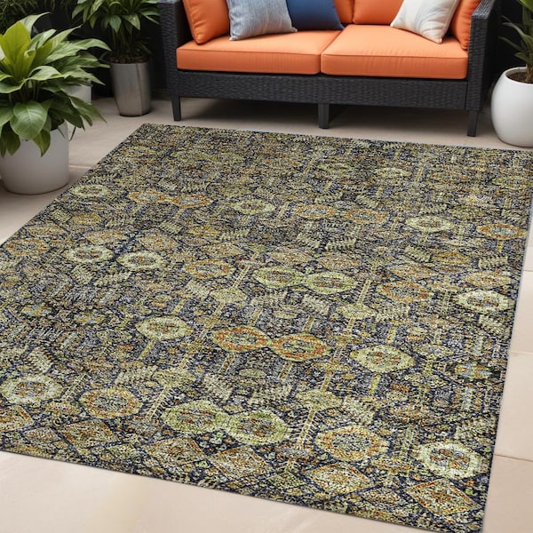 Homeroots 5' X 8' Blue and Green Floral Washable Non Skid Indoor Outdoor Area Rug 564333 - main