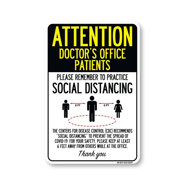 Signmission PSA, Doctor's Office Patients Practice Social Distancing, 14in X 10in Rigid Plastic, NS-P-1014-25397 OS-NS-P-1014-25397 - main