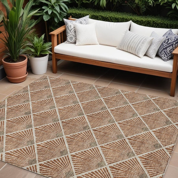 Homeroots 8' X 10' Brown Copper And Beige Geometric Washable Indoor Outdoor Area Rug 594740 - main