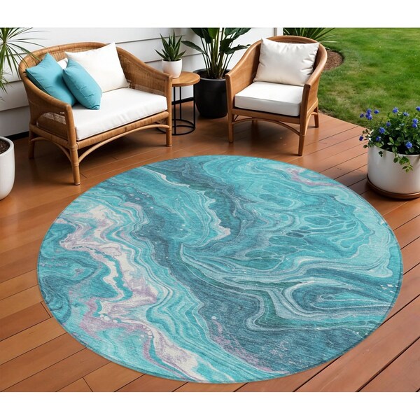 Homeroots 8' Teal Blue Gray And Ivory Round Abstract Washable Indoor Outdoor Area Rug 618210 - main