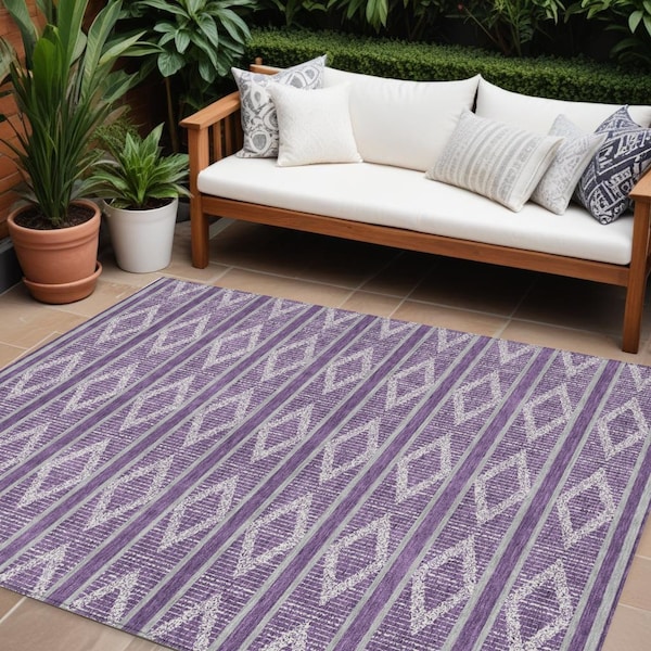 Homeroots 9' X 12' Purple Gray And Ivory Geometric Washable Indoor Outdoor Area Rug 599662 - main