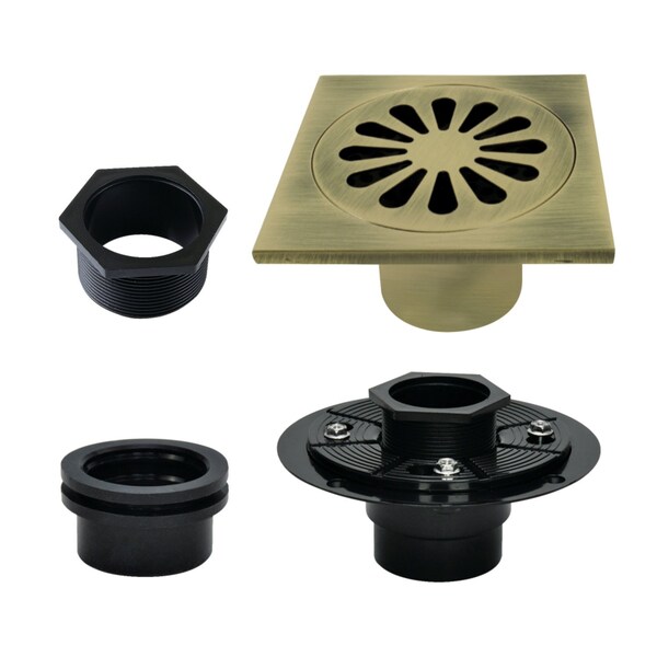 Kingston Brass 4" Brass Square Grid Shower Drain with Hair Strainer and Base Flange, Antique Brass BSFK4161AB - main