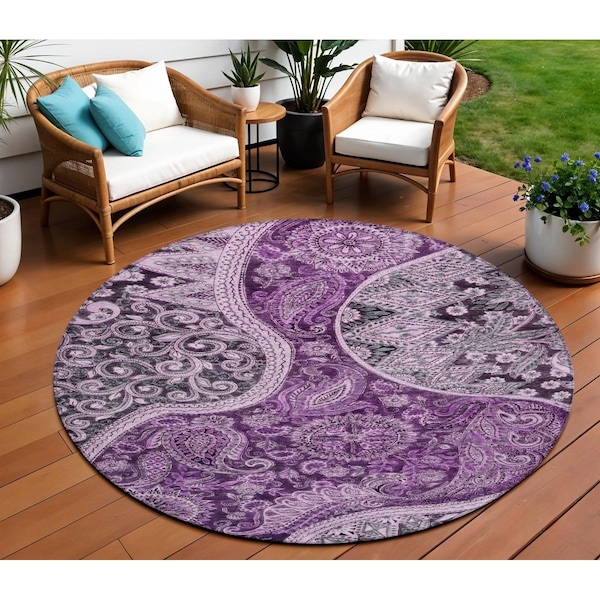 Homeroots 8' Purple And Charcoal Round Floral Medallion Washable Indoor Outdoor Area Rug 603193 - main