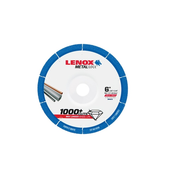 Lenox Abrasive Cut-Off Wheel, Type 27, 6 in Dia, 1/16 in Thick, 7/8 in Arbor Hole Size, Diamond, 60 Grit 2044470 - main