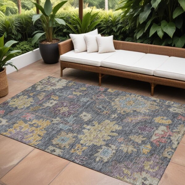 Homeroots 10' X 14' Blue Charcoal And Gold Floral Washable Indoor Outdoor Area Rug 604119 - main