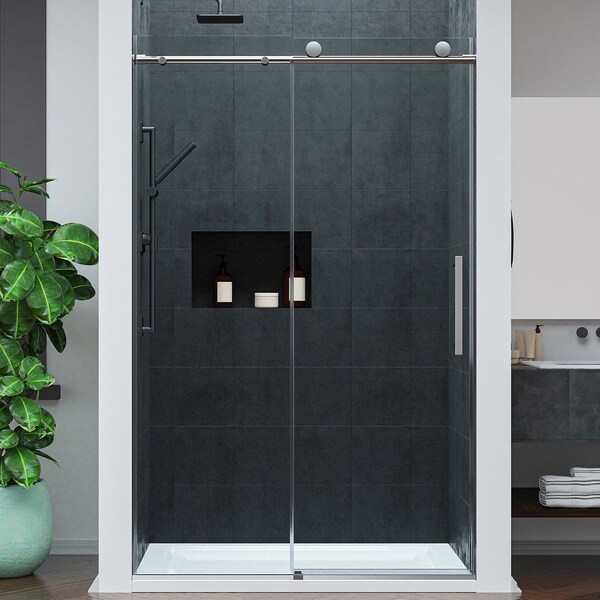 Anzzi 48in Reversible Frameless Sliding Deco-Glass Shower Door w/ Soft-Close System Brushed Nickel Finish SD-AZ20-01BN - main