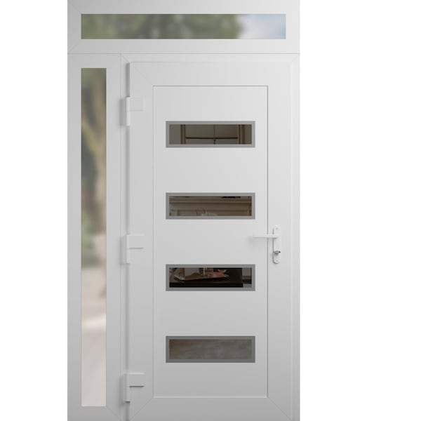 Vdomdoors Front Exterior Prehung Metal-Plastic Door, Manux 8113 White Silk, Side and Top Sidelite Transom, Of MANUX8113EXD-WS-W36+14xH80+14-RH - main