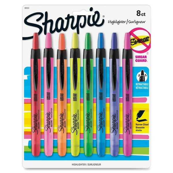 Sharpie Retractable Highlighter Set, Micro Chisel Tip Fluorescent Colors PK8 28101 - main