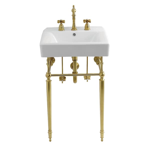 Kingston Brass 20" Porcelain Console Sink Set with Faucet and Plumbing Trim Kit in White/Brushed Brass CKVPB2018W87 - main