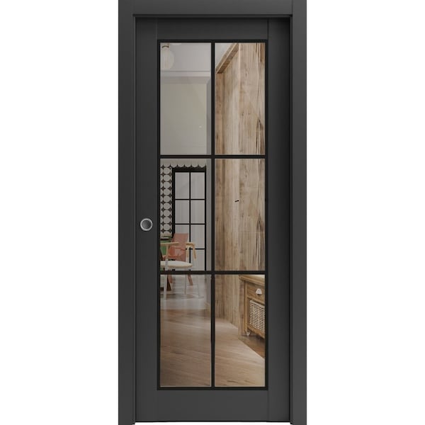 Sartodoors Sliding French Pocket Door Clear Glass, Lucia 2366 Matte Black and Aluminum Strips, Kit Trims Rail LUCIA2366PD-BLK-30 x 80 - main