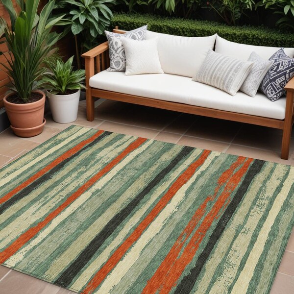 Homeroots 9' X 12' Sage Black And Red Striped Washable Indoor Outdoor Area Rug 598930 - main