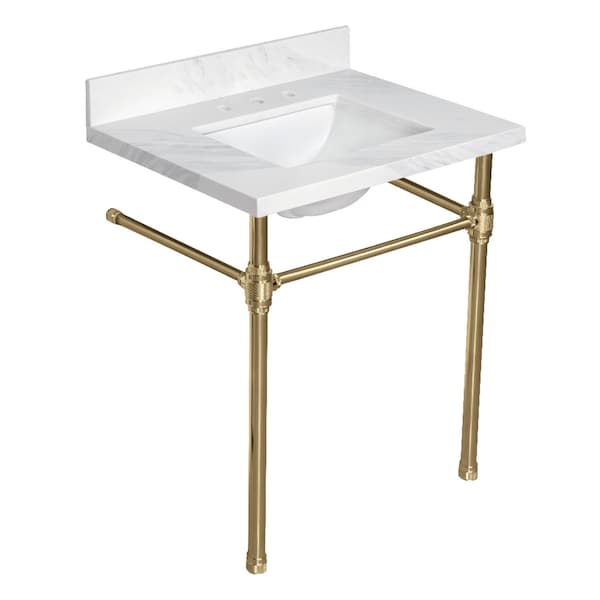 Kingston Brass 31" Quartz Console Sink with Brass Legs, 8-Inch, 3-Hole, Quartz White/Brushed Brass KVPB3122W38CLV7 - main