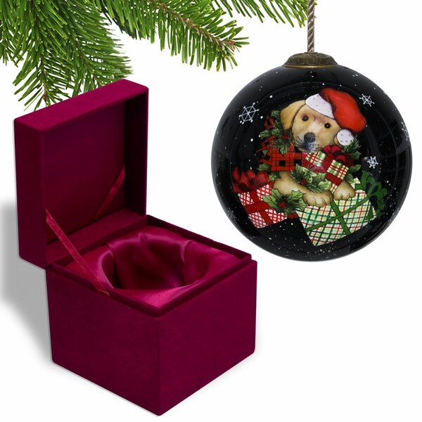 Homeroots Christmas Puppy with Presents Hand Painted Mouth Blown Glass Ornament 477532 - main