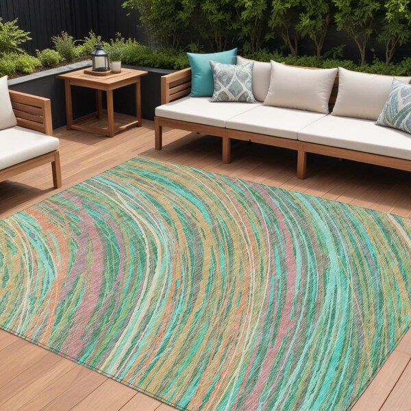 Homeroots 8' X 10' Teal Blue Pink And Peach Abstract Washable Indoor Outdoor Area Rug 631254 - main