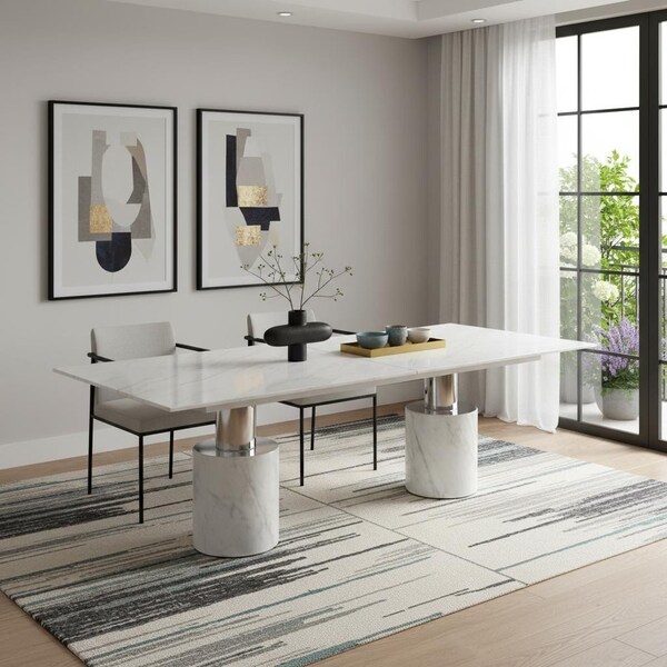 Homeroots 136" White Glass and Marble Double Pedestal Base Dining Table 722445 - main