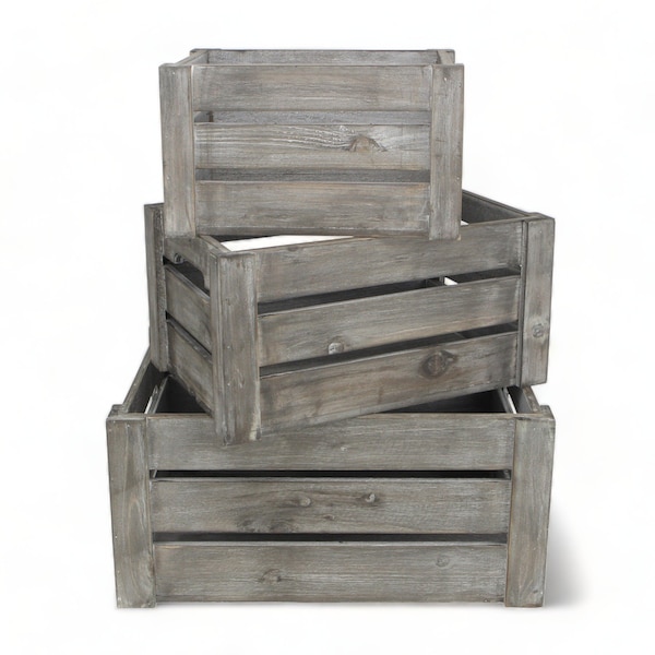 Homeroots Set of Three Gray Solid Wood And Metal Crate, 3PK 487690 - main