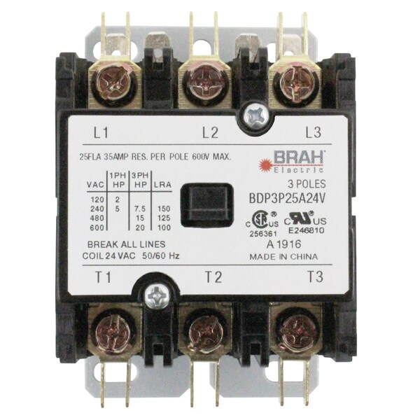 Brah Electric Definite Purpose Contactor, 277 V, 3 P, Non-Reversing, 3 Phase, Screw BDP3P25A277V - main