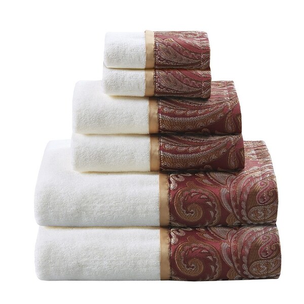 Homeroots Set of Six White And Burgundy Cotton With Paisley Jacquard Towel Set, 6PK 662348 - main