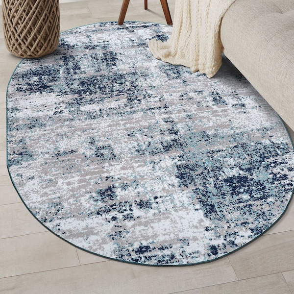 World Rug Gallery Distressed Abstract Area Rug 5 ft x 7 ft Oval Blue 910BLUE5OV - main