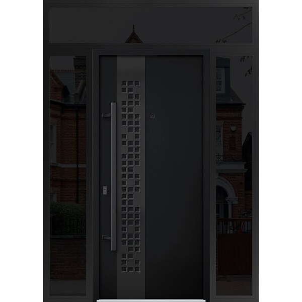 Vdomdoors Steel Door Deux 6078 Black Enamel 2 Sidelight and Transom Window Sidelite Entry Door Painted W12+36 DEUX6078EXD-BLK-W12+36+12 x H80+16-RH-I - main