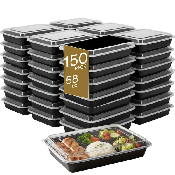 Eco Harmony Products Microwaveable Shallow Food Container, Rectangular with Lid, 58oz, 150PK 804552 - main