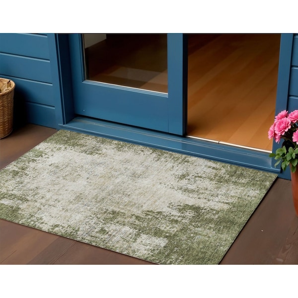 Homeroots 3' X 5' Olive Green And Ivory Abstract Washable Indoor Outdoor Area Rug 612334 - main